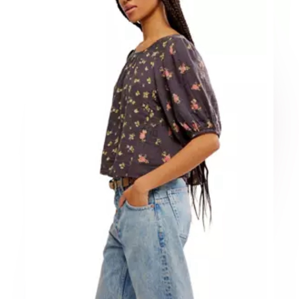 Free People Charcoal Floral Open-Back Tie Peplum Top - Picture 2 of 6